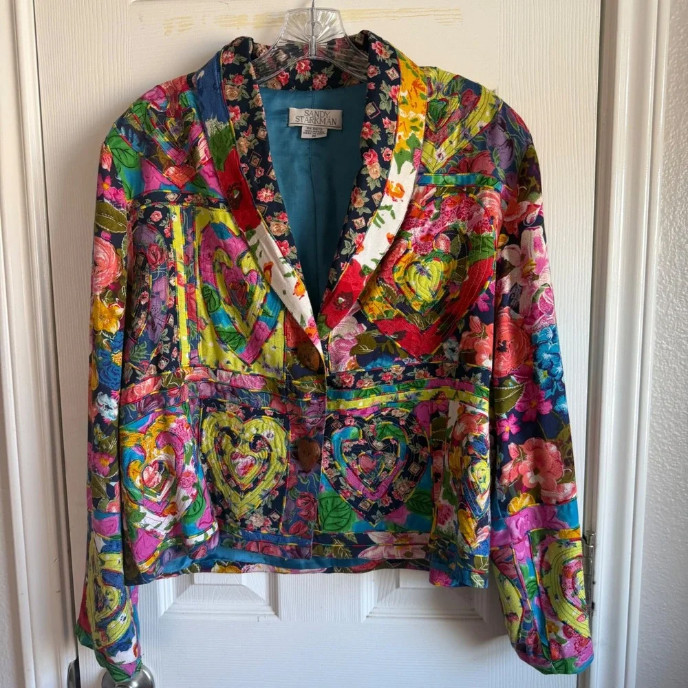 Sandy Starkman Art Jacket M Quilted Patchwork Hearts Floral Rayon Boho VTG - Picture 14 of 16